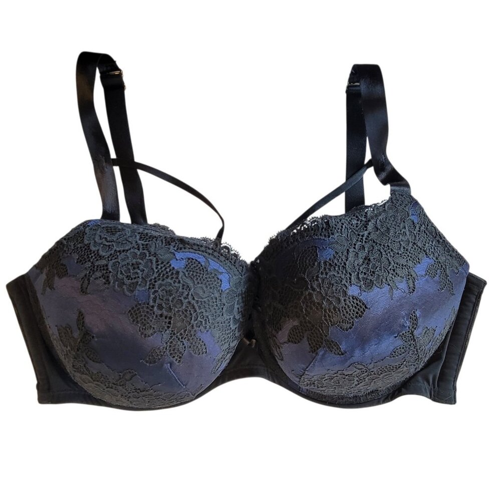 Cacique 46DDD Boost Balconette Bra Navy Blue Black Lace Overlay